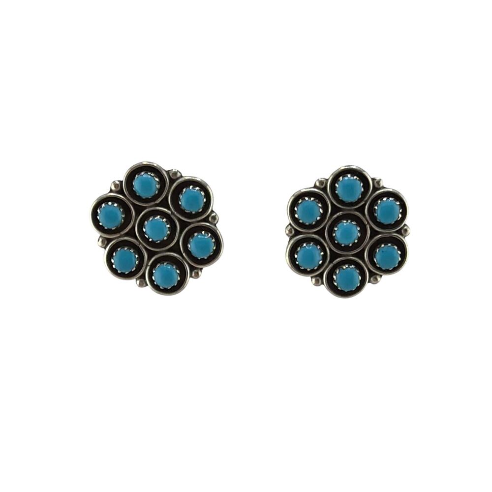 Vintage Native American Sterling Silver Petit Turquoise Flower Cluster Earrings